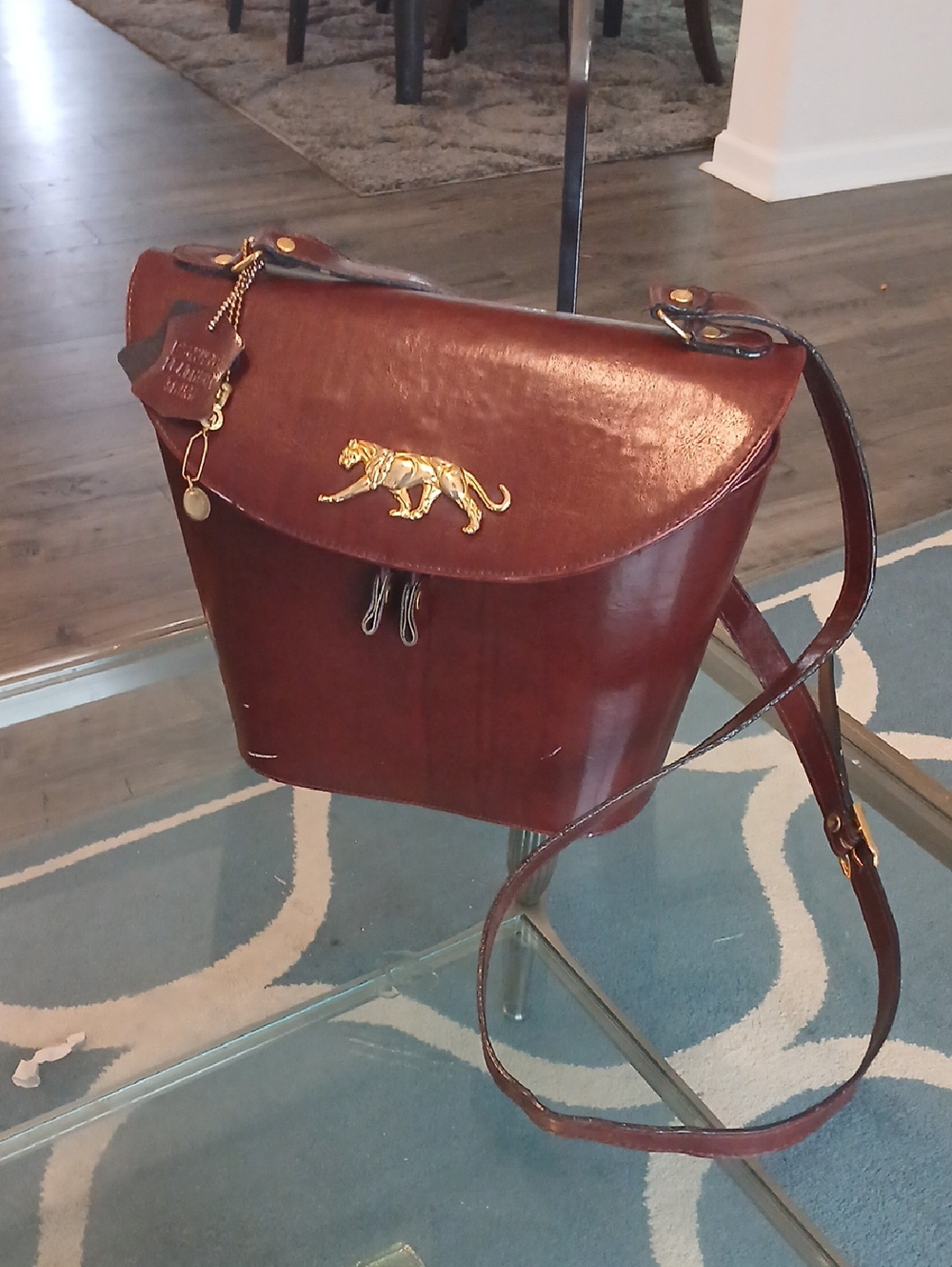 Y & S Faux Leather Crossbody Bag with Tiger Emblem - Brown